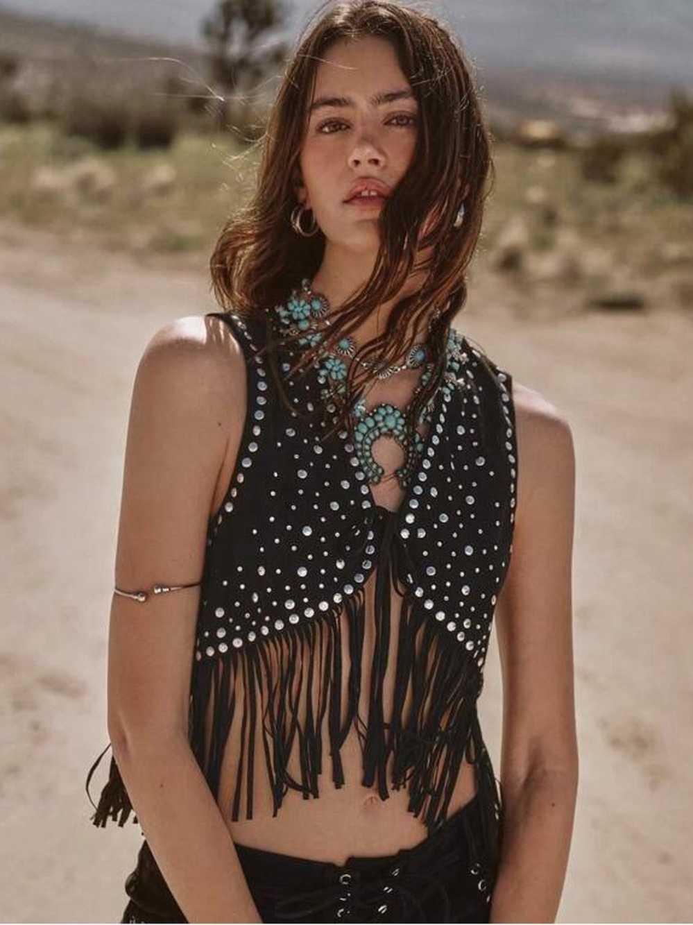 12th Tribe Suede Fringe Studded Vest - Size S
